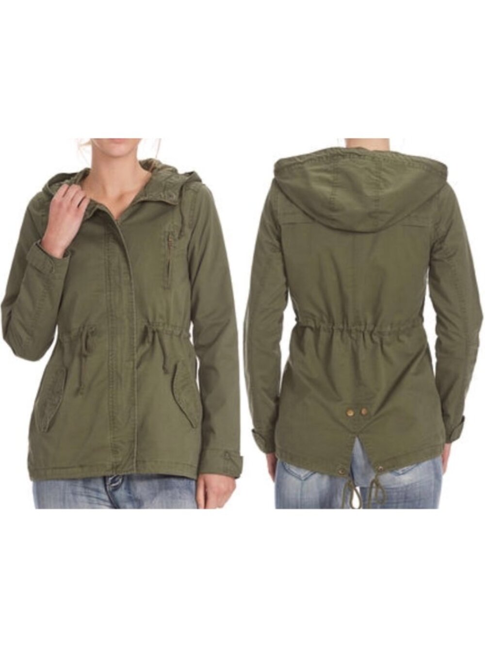 Ambiance Jacket Womens Size M Green Military Zip Up Hooded Drawstring Waist